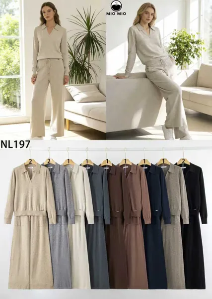 Conjunto de dos piezas de suéter con cuello V y pantalón de pierna ancha-NL197