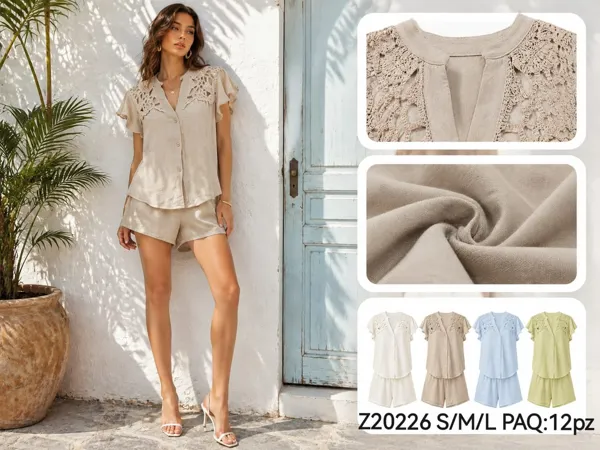 Conjunto de blusa con detalle de encaje y shorts