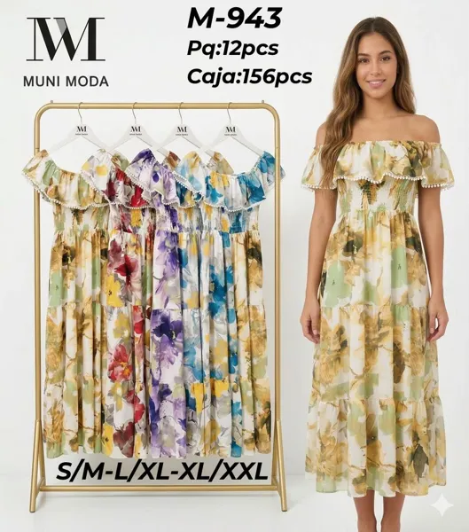Vestido largo estampado floral con hombros descubiertos