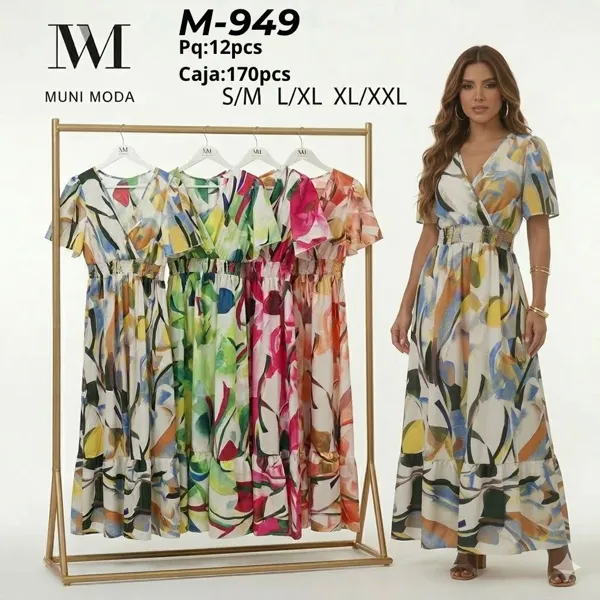 Vestido largo cruzado con estampado abstracto y mangas cortas