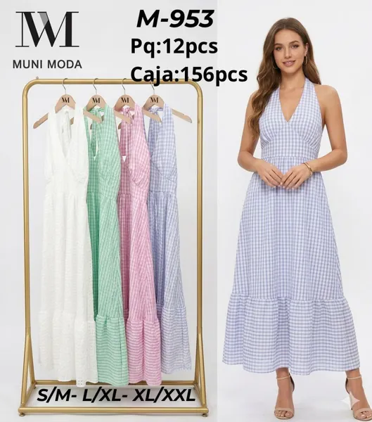 Vestido largo de cuello halter a cuadros