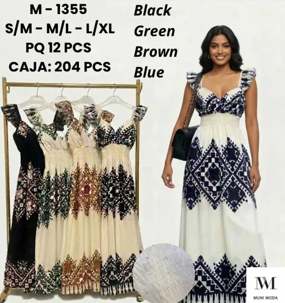Vestido largo con diseño tribal y volantes