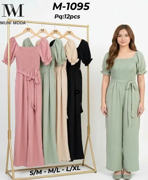 Jumpsuit de manga corta con smock y lazo en cintura