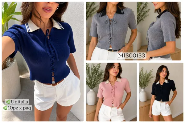 Top de punto acanalado con cuello y cordones