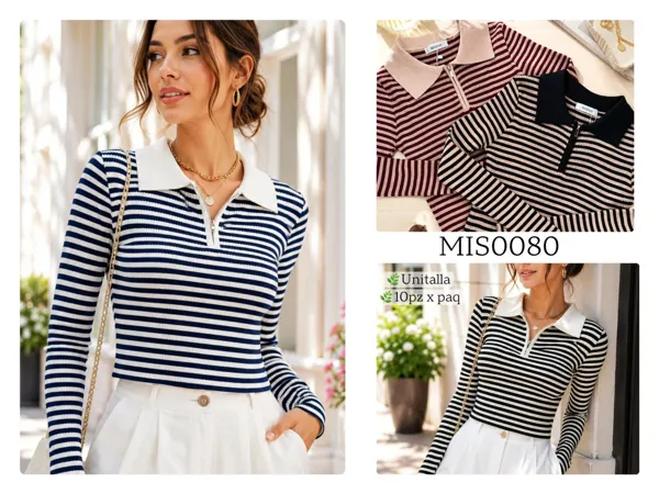 Blusa de punto de rayas con cuello polo y cremallera