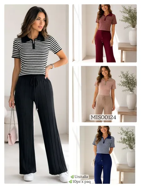 Conjunto de camiseta polo a rayas y pantalón acanalado