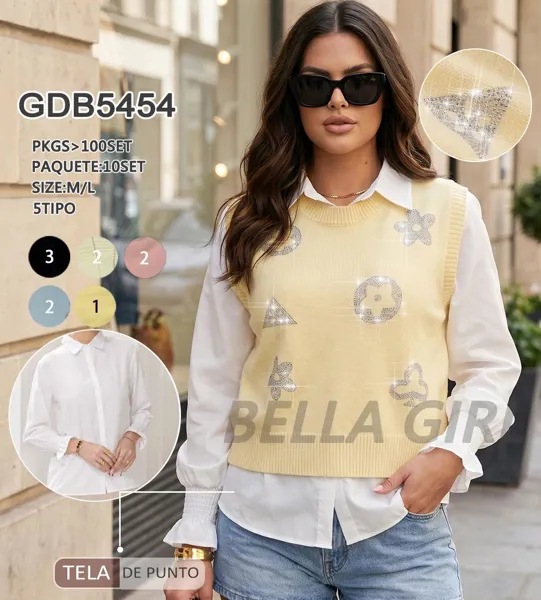Chaleco de punto con apliques de brillo y blusa