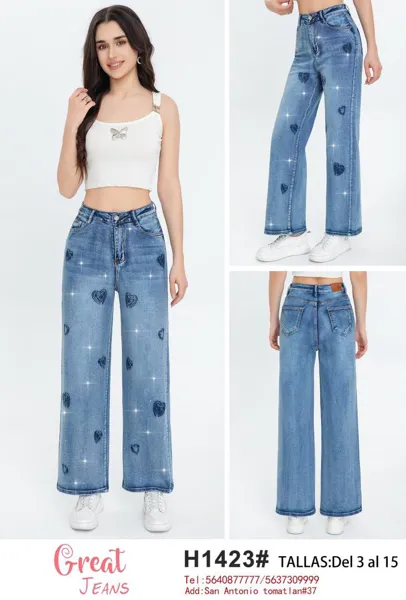 Jeans de mujer con diseño de corazones y brillos