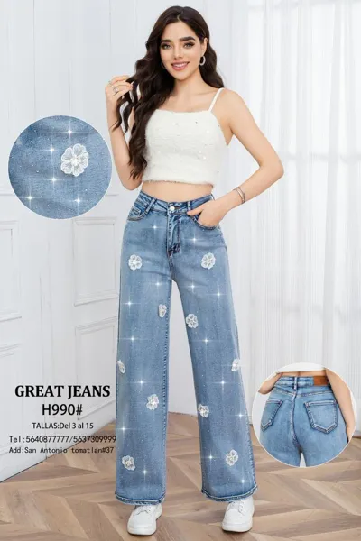 Jeans de mezclilla para mujer con aplicaciones de flores