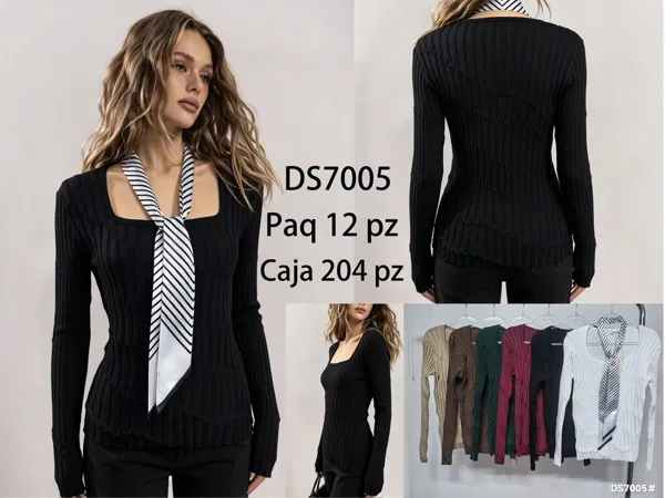 Blusa acanalada de manga larga con cuello cuadrado