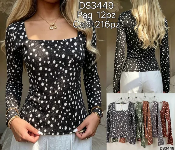 Blusa de manga larga con cuello cuadrado y estampado de puntos