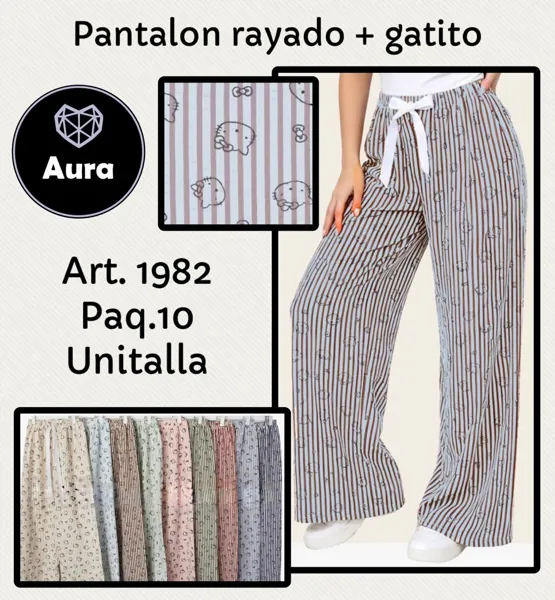 Pantalón rayado con gatito