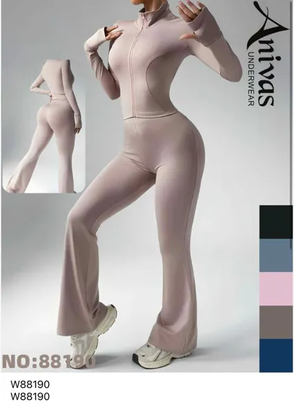 Conjunto deportivo de top con cremallera y leggings acampanados-W88190
