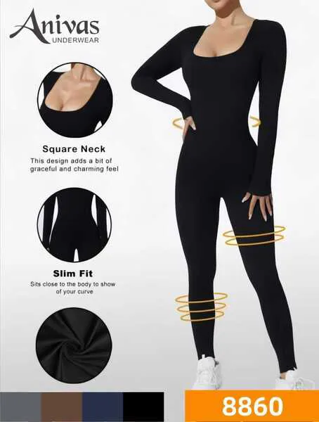 Jumpsuit ajustado de manga larga con cuello cuadrado-8860