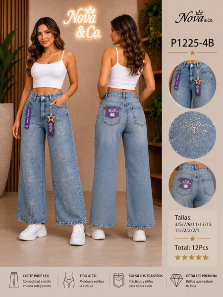 Jeans de mujer corte wide leg con brillos