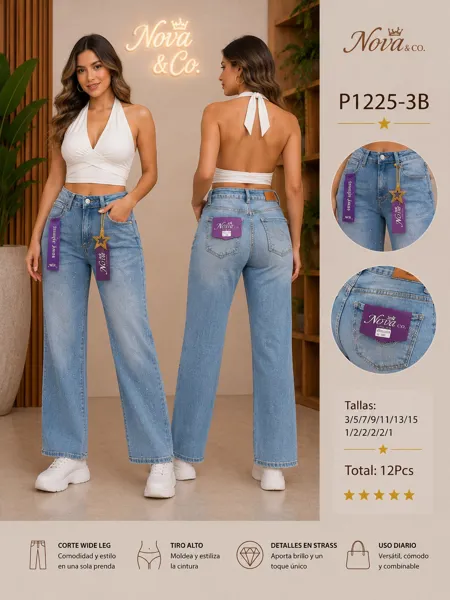 Jeans de tiro alto corte wide leg con strass