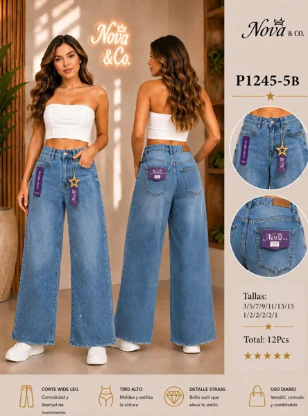 Jeans de mujer corte wide leg con detalle strass