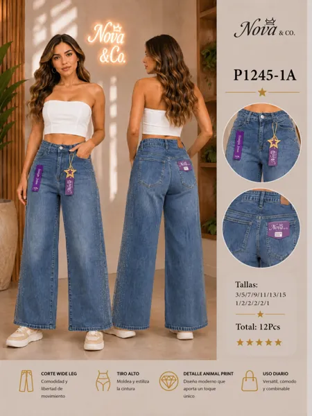 Jeans de mujer con corte wide leg y detalle de brillos