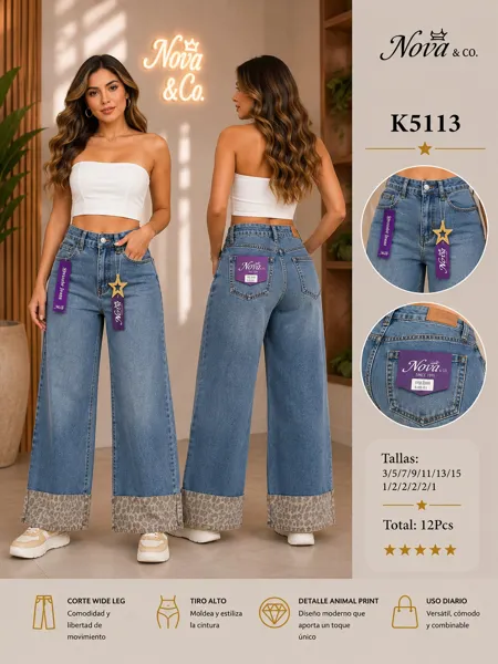 Jeans Wide Leg con Detalle Animal Print