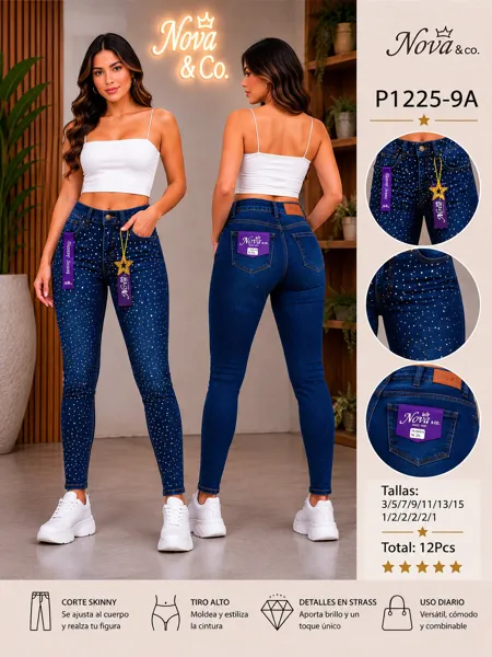 Jeans Corte Skinny con Detalles de Strass