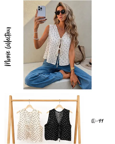 Blusa sin mangas con estampado de lunares y lazo frontal