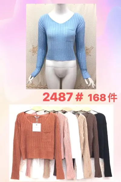Blusa de punto acanalado de manga larga con cuello en V y bolsillo