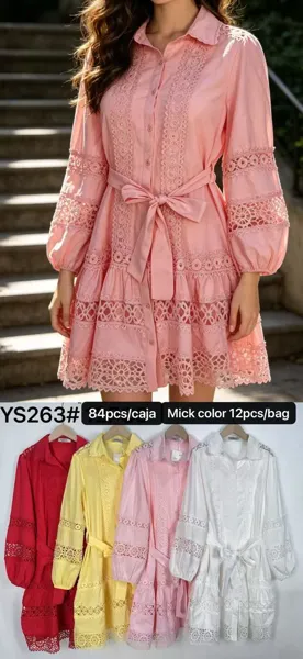 Vestido camisero corto con detalles de encaje