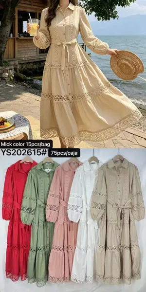 Vestido largo camisero con detalles calados y cinturón