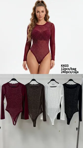 Body de malla transparente con pedrería de manga larga