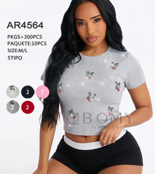 Crop top de manga corta con diseño de cerezas brillantes