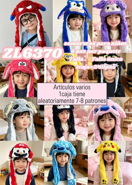 Gorro de peluche para niños con personajes, luz y sonido