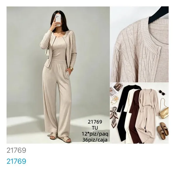 Conjunto de cárdigan, top y pantalón de punto