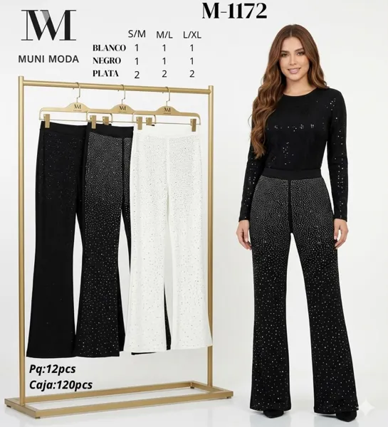 Conjunto de Top de Manga Larga y Pantalón Acampanado con Pedrería