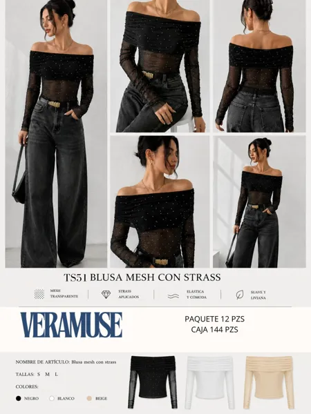 Blusa mesh con strass