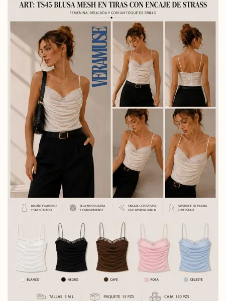 Blusa Mesh en Tiras con Encaje de Strass
