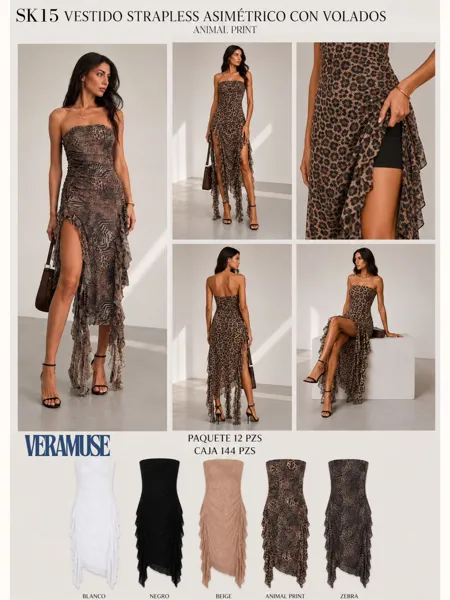 VESTIDO STRAPLESS ASIMÉTRICO CON VOLADOS