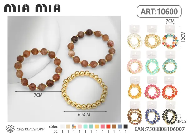 Pulsera de cuentas de 8mm con cuentas redondas (3 pzas)