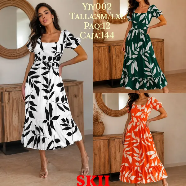 Vestido largo con estampado de hojas y mangas abullonadas