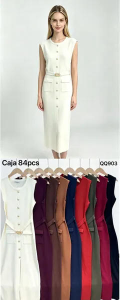 Vestido midi sin mangas con botones y cinturón
