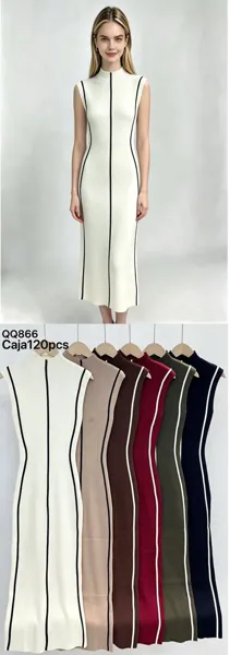 Vestido midi de cuello alto con rayas verticales