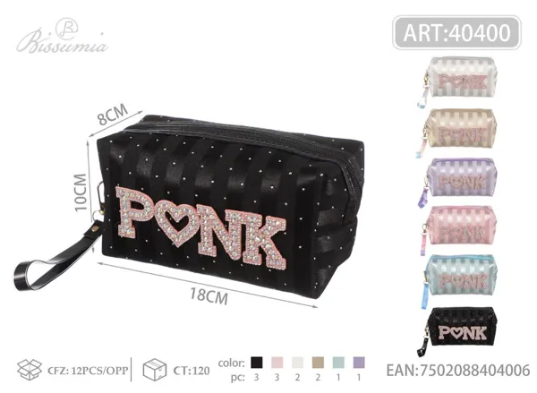 Bolso de maquillaje octagonal con letras y cristales 18*10*8cm