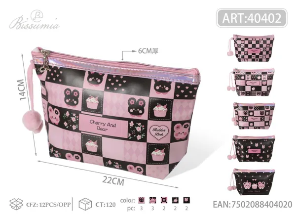 Bolso de maquillaje hexagonal en tonos negro y rosa con motivos de caricatura 22*14*6cm
