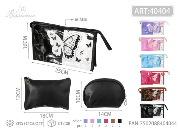 Set de 3 bolsas de maquillaje con forma hexagonal de mariposa Tamaño exterior 25*16*6cm, bolsa plana 18*12cm, semirredonda pequeña 14*10*4cm