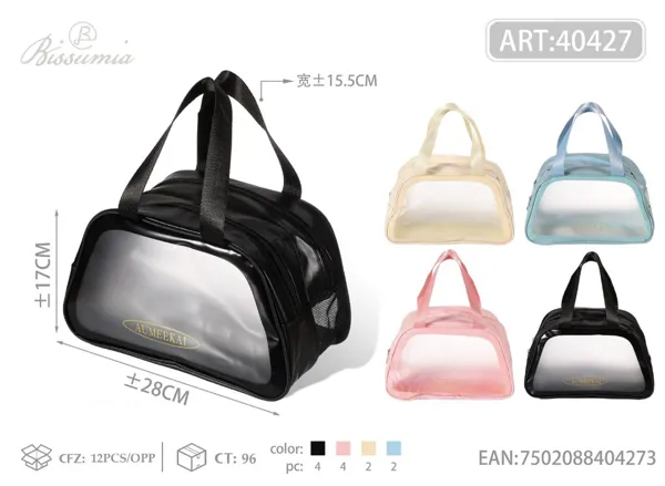 Bolsa de aseo transparente trapezoidal con doble cremallera, tamaño pequeño 28*15.5*17cm