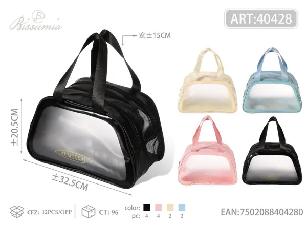 Bolsa de aseo transparente trapezoidal con doble cremallera, tamaño grande 32.5*15*20.5cm