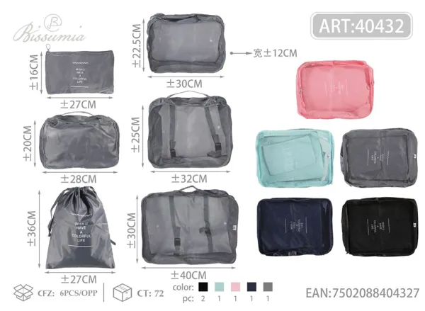 Set de 6 bolsas de malla de rayas, grande 40*30*12cm, mediana 32*25*11cm, pequeña 30*22.5*1cm, bolsa con cordón 36*27cm, bolsa para ropa interior 28*20*11cm, bolsillo plano 27*16cm