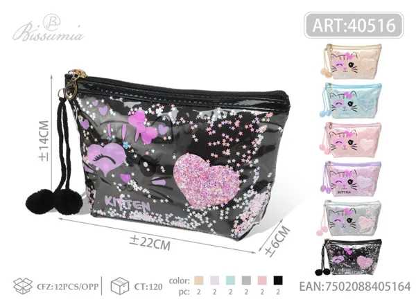 Bolsa de maquillaje de PU para dama con pelotas de peluche en forma de hexágono 22*14*6cm
