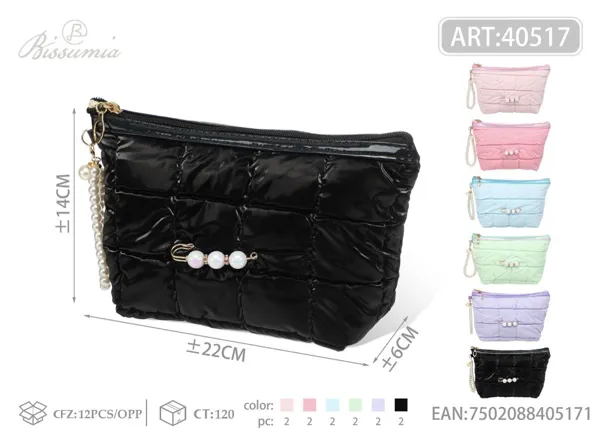 Bolsa de maquillaje de poliéster acolchada con cadena de perlas en forma de hexágono para dama 22*14*6cm