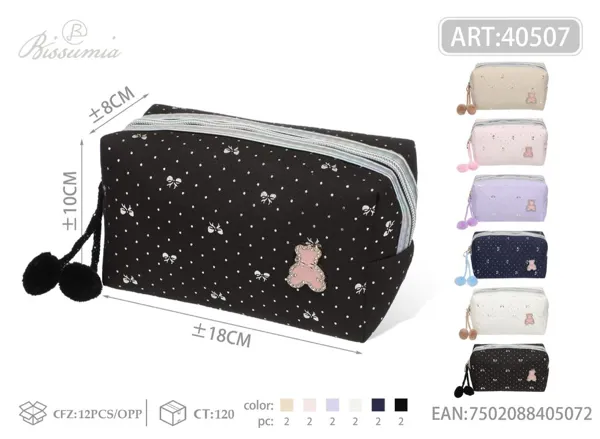 Bolsa de maquillaje de poliéster con pelotas de peluche en forma de octágono para dama 18*10*8cm