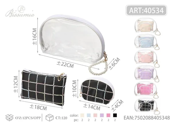 Bolsa de maquillaje de PU para dama con cadena de perlas, juego de 3 piezas: bolso exterior 25*16*6cm, bolso plano 18*12cm, semirredondo pequeño 14*10*4cm No.4